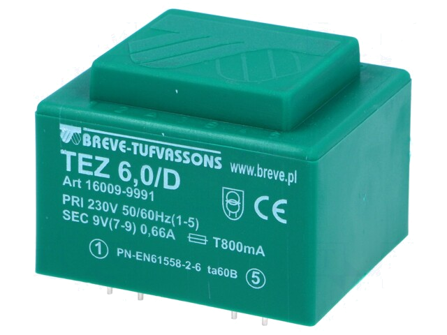 Transformator: ingegoten; 6VA; 230VAC; 9V; 666,6mA; PCB; IP00; TEZ Transformator: ingegoten; 6VA; 230VAC; 9V; 666,6mA; PCB; IP00; TEZ